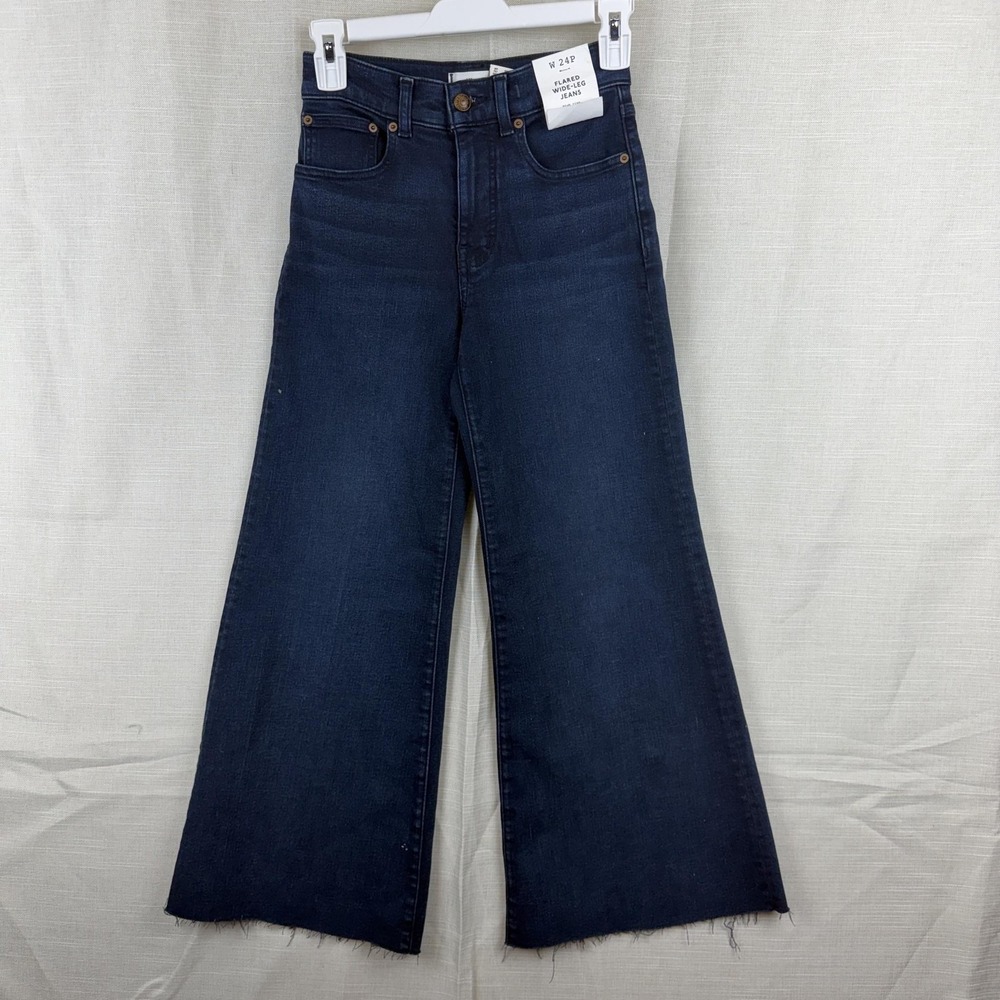 Madewell Flared Wide-Leg Jeans Womens 24P Dark Wash High Rise Crop Denim Raw Hem